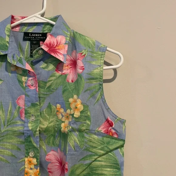 Vintage Lauren Ralph Lauren Front Tie Button Down Floral Hawaiian Shirt - Picture 3 of 10